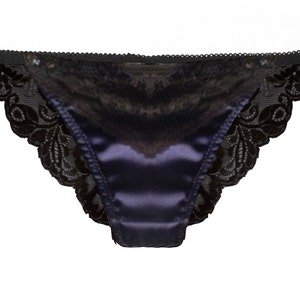 Silk panties in black Lace and dark Blue silk,  Tanga shape