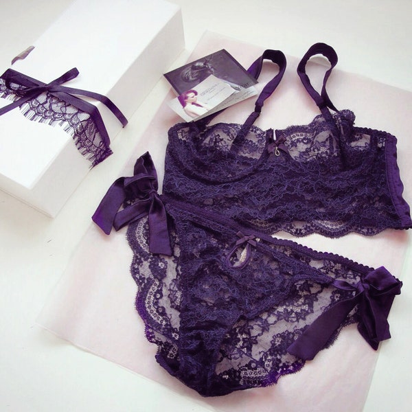 Lace longline bra and panties in purple French Chantilly lace and satin silk