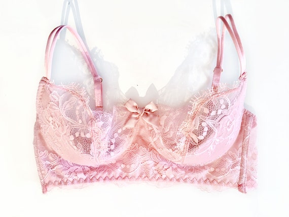 Pink Lace Bra, Pink Silk and Black Chantilly Lace Lingerie 