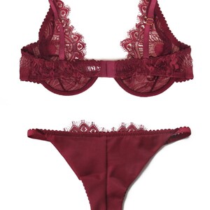 Valentine's gift for her Dark Red lace bra and tanga set in chantilly art deco lace image 2