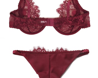 Valentine's Gift for Her Dark Red Lace Bra and Tanga Set in Chantilly Art  Deco Lace 