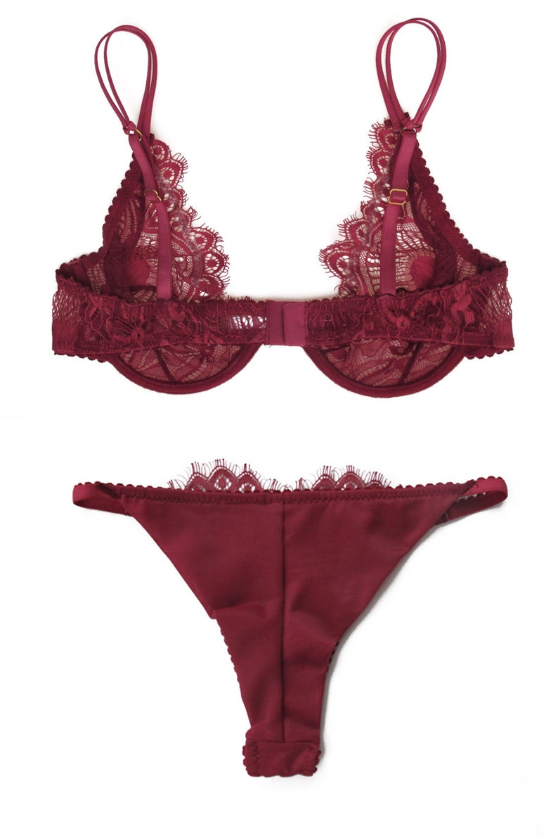 Valentine's gift for her Dark Red lace bra and tanga set in chantilly art deco lace image 2