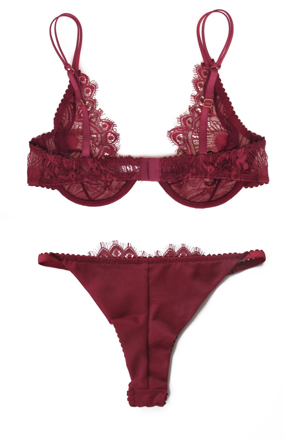 Valentine's Gift for Her Dark Red Lace Bra and Tanga Set in Chantilly Art  Deco Lace 