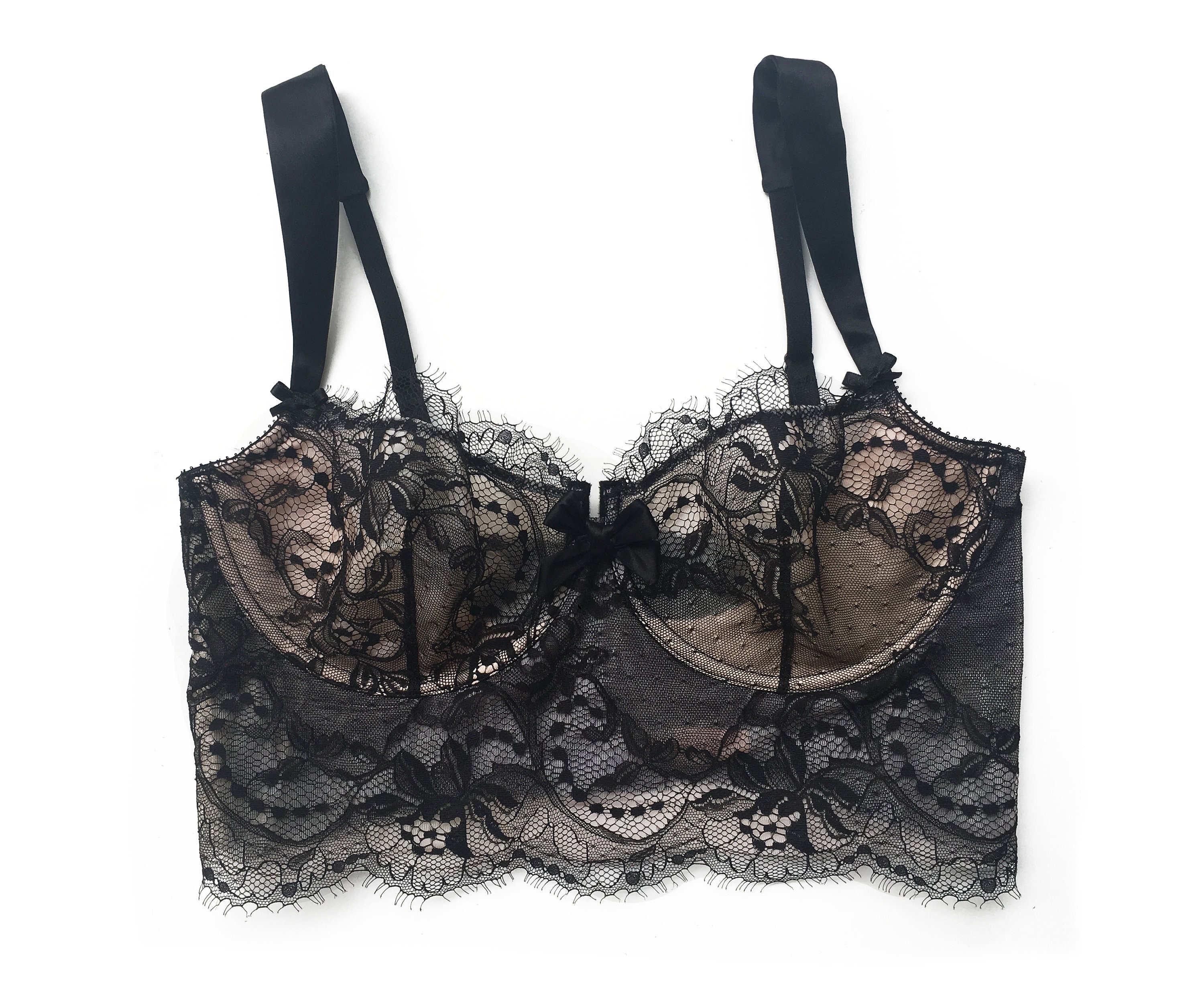 Lace Longline Bra in Black French Chantilly Lace, Satin Silk and Nude Lining  