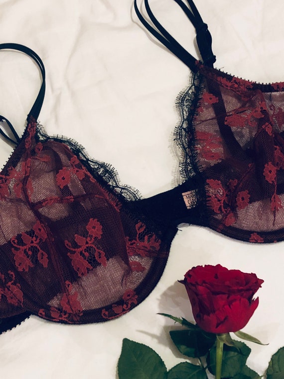 Sheer Dark Red Lace Bra Soft Cup Bra See-through Bra Lace Bra