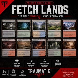 May include: A collection of ten premium proxy game cards titled Fetch Lands, displayed in a grid on a black background. Each card features unique landscape artwork, text descriptions, and game mechanics. The header reads Premium Proxy Cards.