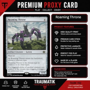 May include: A Roaming Throne proxy trading card featuring a stone golem creature with purple energy accents. The card includes text detailing its abilities, power, and toughness. The display highlights product features like high quality print, premium card stock, and protective laminate for casual gaming use.