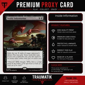 May include: A rectangular trading card titled Inside Information featuring a red dragon and a small figure in a dark landscape. The card text includes game rules and a quote about Bilbo. The design includes a black border and white text.