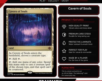 May include: A Cavern of Souls proxy game card featuring a dark, cavernous landscape illustration with blue glowing elements. The card text includes game rules, the title Cavern of Souls, and the artist name Alayna Danner. The layout includes product feature icons.