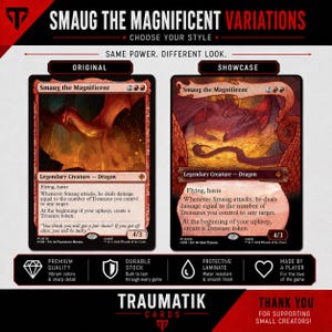 May include: A comparison graphic for Smaug the Magnificent trading cards, showing Original and Showcase versions. Both cards feature a dragon, 4/3 stats, and text detailing flying, haste, and treasure token abilities. The layout includes Traumatik branding.