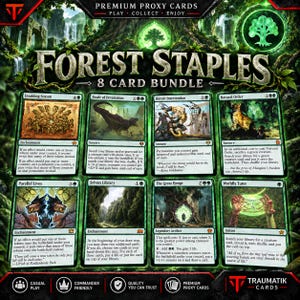 May include: A bundle of 8 premium proxy trading cards titled Forest Staples, featuring green-themed game cards including Doubling Season, Finale of Devastation, Heroic Intervention, Natural Order, Parallel Lives, Sylvan Library, The Great Henge, and Worldly Tutor.