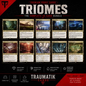 May include: A collection of ten premium proxy game cards titled Triomes, displayed in a grid. Each card features unique landscape artwork, text descriptions, and mana symbols. The bottom section includes icons for print quality, stock durability, and finish.