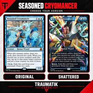 May include: Two Seasoned Cryomancer trading cards side by side. The left card shows a wizard casting blue magic. The right card features a wizard surrounded by floating, colorful, shattered glass shards. Both cards display text and game stats.