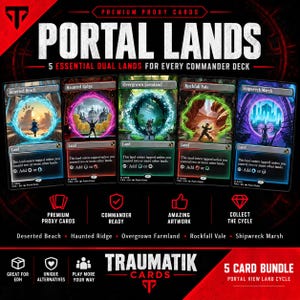 May include: A set of five Portal Lands premium proxy cards featuring Deserted Beach, Haunted Ridge, Overgrown Farmland, Rockfall Vale, and Shipwreck Marsh. Each card displays a unique portal illustration, game text, and mana symbols on a black border.