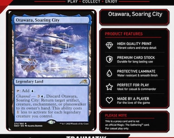 May include: A premium proxy trading card titled Otawara, Soaring City, featuring a blue border and an illustration of futuristic floating structures in the clouds. The card text includes Legendary Land, Channel, and specific game ability instructions.