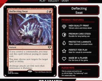 May include: A premium proxy card titled Deflecting Swat featuring a red-themed instant spell with artwork of a creature amidst lightning. The card includes text detailing its ability to change targets for spells and abilities, alongside product feature icons.