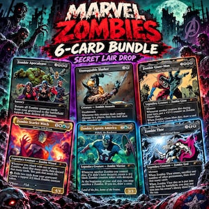 May include: A Marvel Zombies 6-card bundle Secret Lair drop featuring Magic: The Gathering cards. The cards depict zombie versions of characters like Scarlet Witch, Captain America, and Thor, with dark, gritty artwork and game text.