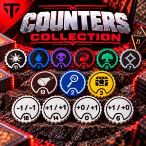 May include: A collection of round game counters featuring various icons and numbers. The top row displays symbols for sun, water, skull, flame, tree, and diamond. The middle row shows food, magnifying glass, and chest icons. The bottom row features numerical modifiers.