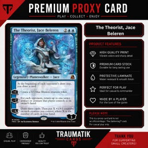 May include: A rectangular trading card titled The Theorist, Jace Beleren, featuring a blue-toned illustration of a hooded figure surrounded by spectral faces. The card includes game text, mana symbols, and a loyalty counter set to 3 at the bottom.