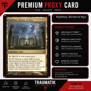 May include: A Nykthos, Shrine to Nyx proxy card featuring a legendary land illustration of a stone temple under a starry sky. The card includes game text, the artist name Jung Park, and a side panel listing product features like high quality print, premium card stock, protective laminate, and a disclaimer that it is not an official Magic: The Gathering card.
