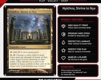 May include: A Nykthos, Shrine to Nyx proxy card featuring a legendary land illustration of a stone temple under a starry sky. The card includes game text, the artist name Jung Park, and a side panel listing product features like high quality print, premium card stock, protective laminate, and a disclaimer that it is not an official Magic: The Gathering card.