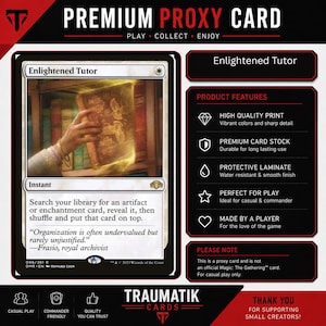 May include: A rectangular game card titled Enlightened Tutor featuring an illustration of a hand pulling a glowing book from a shelf. The card includes text describing game mechanics, a set number 006/261, and a list of product features on the right.
