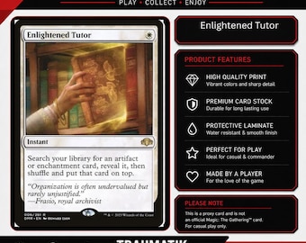 May include: A rectangular game card titled Enlightened Tutor featuring an illustration of a hand pulling a glowing book from a shelf. The card includes text describing game mechanics, a set number 006/261, and a list of product features on the right.