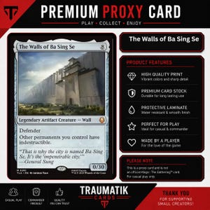 May include: A rectangular game card titled The Walls of Ba Sing Se, featuring an illustration of a massive stone wall. The card text includes Legendary Artifact Creature - Wall, Defender, and a quote by General Sung. The card has a 0/30 power and toughness rating, with black borders and white text.