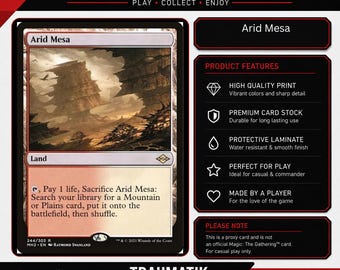 May include: A rectangular trading card titled Arid Mesa featuring a desert landscape illustration. The card text includes land type, game mechanics, and set information. Beside the card, a list of product features highlights print quality, card stock, protective laminate, and player-focused design.