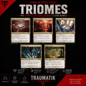 May include: A 5-card bundle of premium proxy cards titled Triomes: The Streets of New Capenna. The set includes Ziatora's Proving Ground, Xander's Lounge, Spara's Headquarters, Raffine's Tower, and Jetmir's Garden, all featuring detailed land card artwork.