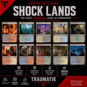 May include: A collection of ten premium proxy cards titled Shock Lands, featuring Blood Crypt, Breeding Pool, Godless Shrine, Hallowed Fountain, Overgrown Tomb, Sacred Foundry, Steam Vents, Stomping Ground, Temple Garden, and Watery Grave on a black background.