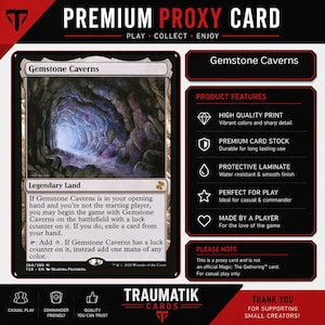May include: A Gemstone Caverns proxy trading card featuring a dark cave illustration with purple and blue hues. The card text details the Legendary Land game mechanics. The layout includes a product features list highlighting high quality print, premium card stock, and a protective laminate finish on a black background.
