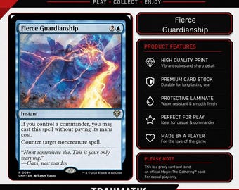 May include: A premium proxy card featuring the Magic: The Gathering card Fierce Guardianship. The card displays a blue-themed illustration of a figure casting a spell with bright orange lightning. Text includes card rules and flavor text.