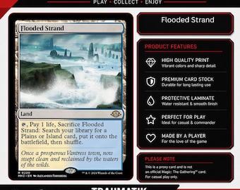 May include: A Flooded Strand proxy game card featuring a landscape illustration of a coastal area with rocky formations and crashing waves. The card includes game text, a land type designation, and a side panel listing product features such as high quality print, premium card stock, and protective laminate. The design includes the text Premium Proxy Card and Traumatik Cards.