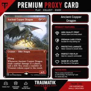 May include: A rectangular trading card featuring the Ancient Copper Dragon illustration, displaying a dragon perched on gold coins. The card includes text detailing creature abilities, power, and toughness. The design is set against a black background.