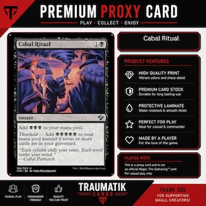 May include: A rectangular trading card titled Cabal Ritual featuring an illustration of figures in robes holding a chalice. The card text includes game rules and flavor text. Beside the card, a list of product features is displayed in a black box.
