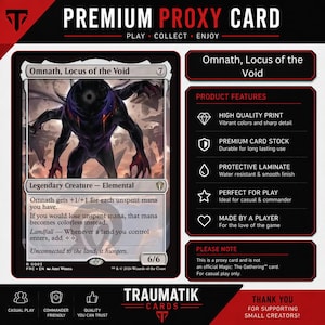 May include: A rectangular trading card titled Omnath, Locus of the Void featuring a dark, multi-limbed creature with a central eye. The card includes text detailing its abilities, a 6/6 power and toughness, and a list of product features.