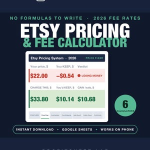 May include: A digital Etsy pricing and fee calculator spreadsheet by Profitsheet Lab for 2026. The interface displays a price fixer tool with input fields for pricing, showing a losing money scenario at $22.00 and a gain scenario at $33.80.