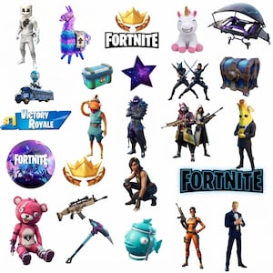 Peut inclure: Une collection d'autocollants Fortnite représentant divers personnages, dont Marshmello, Peely et Cuddle Team Leader, ainsi que des objets du jeu comme le lama, le bus de combat, des coffres, des armes, la bannière Victory Royale et le logo Fortnite.