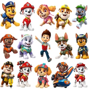 Op de afbeelding: Een verzameling Paw Patrol-personages, waaronder Chase, Marshall, Skye, Rubble, Rocky, Zuma, Everest en Ryder. Elk personage is afgebeeld in hun kenmerkende uniform en uitrusting, met verschillende houdingen en uitdrukkingen.
