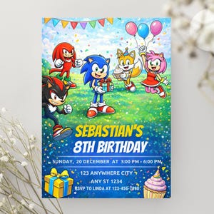 May include: A rectangular birthday invitation card featuring Sonic the Hedgehog characters including Knuckles, Shadow, Tails, and Amy. The text reads: SEBASTIAN'S 8TH BIRTHDAY, SUNDAY, 20 DECEMBER AT 3:00 PM - 6:00 PM, 123 ANYWHERE CITY, ANY ST 1234.