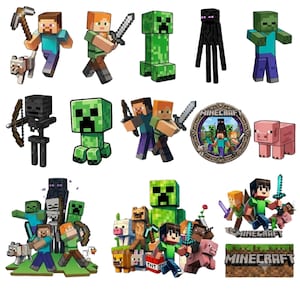 May include: A collection of Minecraft character stickers featuring Steve, Alex, a Creeper, Enderman, Zombie, Skeleton, and a pig. The set includes various action poses, a circular logo badge, and a rectangular Minecraft logo block with pixelated textures.