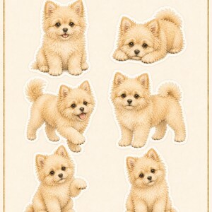 May include: A sticker sheet featuring six illustrations of a tan Pomapoo puppy in various poses, including sitting, lying down, and walking. The sheet also includes a paw print, a ball, a stick, a food bowl labeled Pomapoo, and a folded cloth.