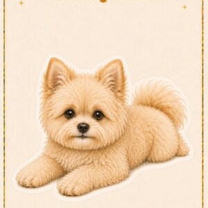 May include: A rectangular card featuring a fluffy tan Pomapoo dog lying down. The text reads 12. Pomapoo. Below the dog are illustrations of a paw print, a ball, a stick, a food bowl labeled GOOD DOG, and a folded checkered bandana.