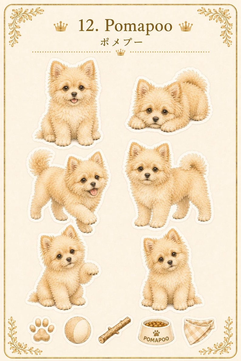 Pomapoo Complete Bundle | Sitting + Lying + Sticker Sheet | Printable Dog Sticker Set image 1