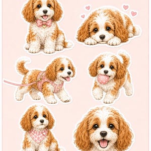 Cavapoo Sticker Sheet | Mix Breed Dog Watercolor Art 6 Poses + Bonus Accessories | Printable Download