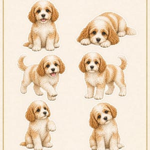 May include: A sticker sheet featuring six illustrations of a tan and white Cavapoo puppy in various poses, along with a paw print, a ball, a stick, a food bowl labeled Cavapoo, and a pink checkered bandana, all set against a cream background.