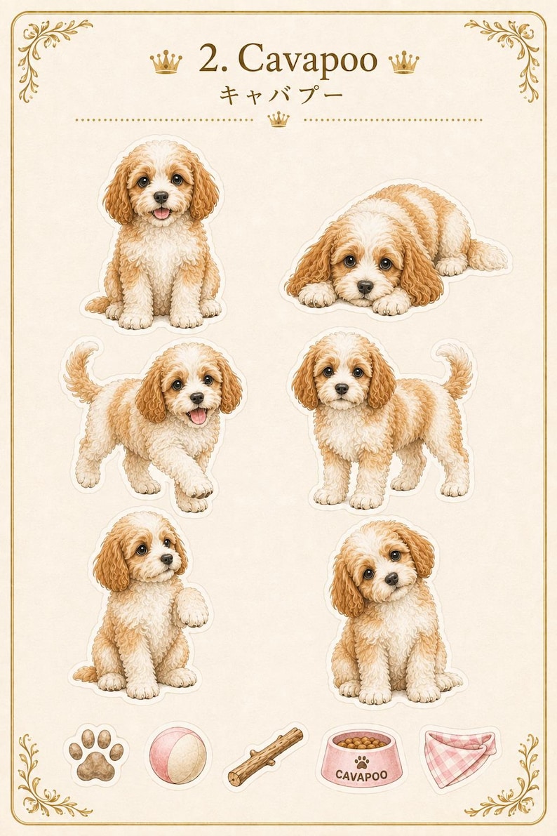 Paquete completo Cavapoo / Sentado + Acostado + Hoja de pegatinas / Juego de pegatinas imprimibles para perros imagen 1