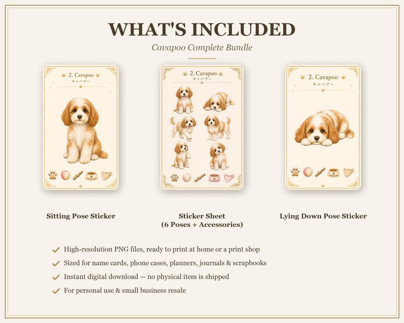 Paquete completo Cavapoo / Sentado + Acostado + Hoja de pegatinas / Juego de pegatinas imprimibles para perros imagen 8