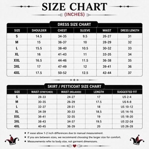 Puede incluir: Una tabla de tallas en blanco y negro para vestidos y faldas con medidas en pulgadas. La tabla enumera tallas de S a 4XL, detallando dimensiones de hombro, pecho, manga, cintura y largo. Incluye notas sobre medici&oacute;n manual y ajuste.